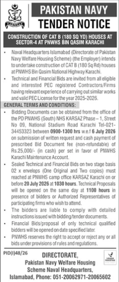 Pakistan Navy Tender Notice for Construction of CAT B 180 Sq Yd Houses at Sector-4 PNWHS Bin Qasim Karachi