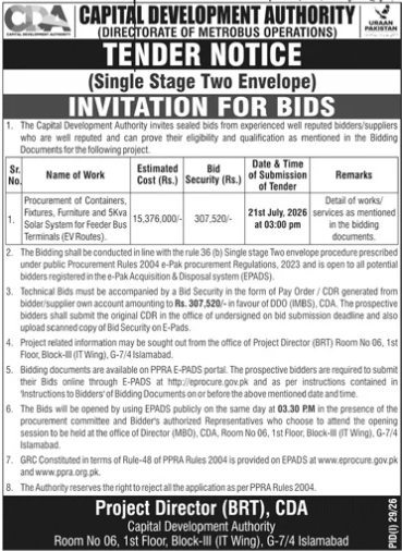 CDA Tender Notice for Procurement of Containers Fixtures Furniture and 5Kva Solar System for Feeder Bus Terminals