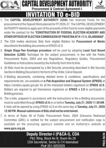 CDA Invitation to E-Bid for Construction of Federal Election Academy and Other Offices of Election Commission