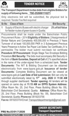 Transport Department Balochistan Tender Notice for Supply of Electric Buses with Electric Charger