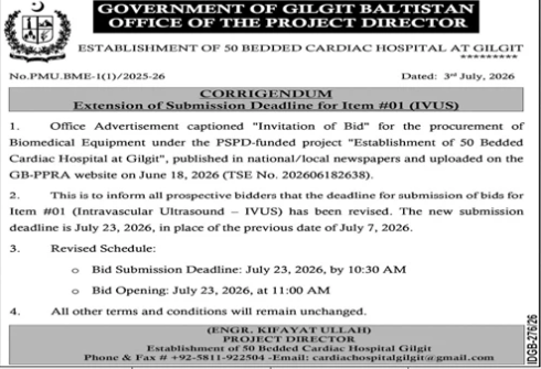Gilgit Cardiac Hospital Corrigendum for IVUS Biomedical Equipment