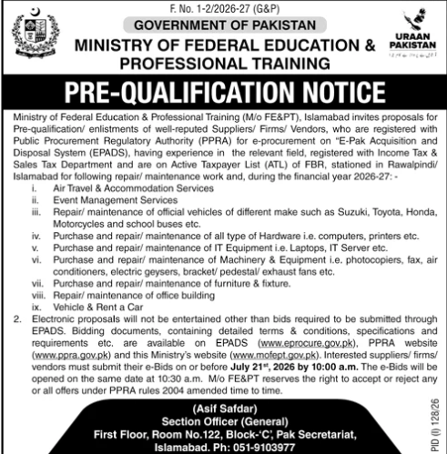 Ministry of Federal Education Pre-Qualification Notice for Multiple Services FY 2026-27