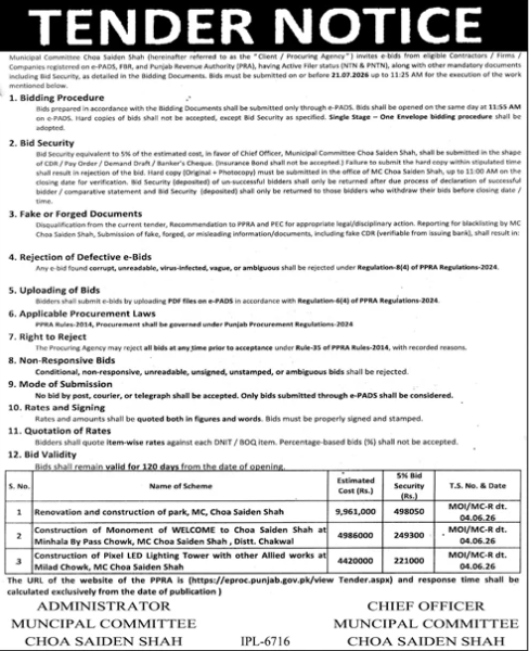 Municipal Committee Choa Saiden Shah Tender for Park Renovation Monument and LED Tower