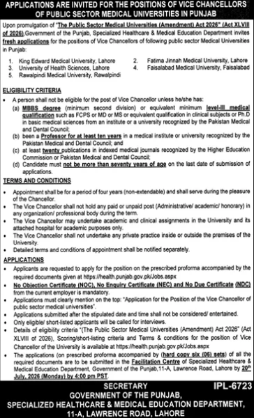 Government of Punjab Applications for Vice Chancellors of Public Sector Medical Universities