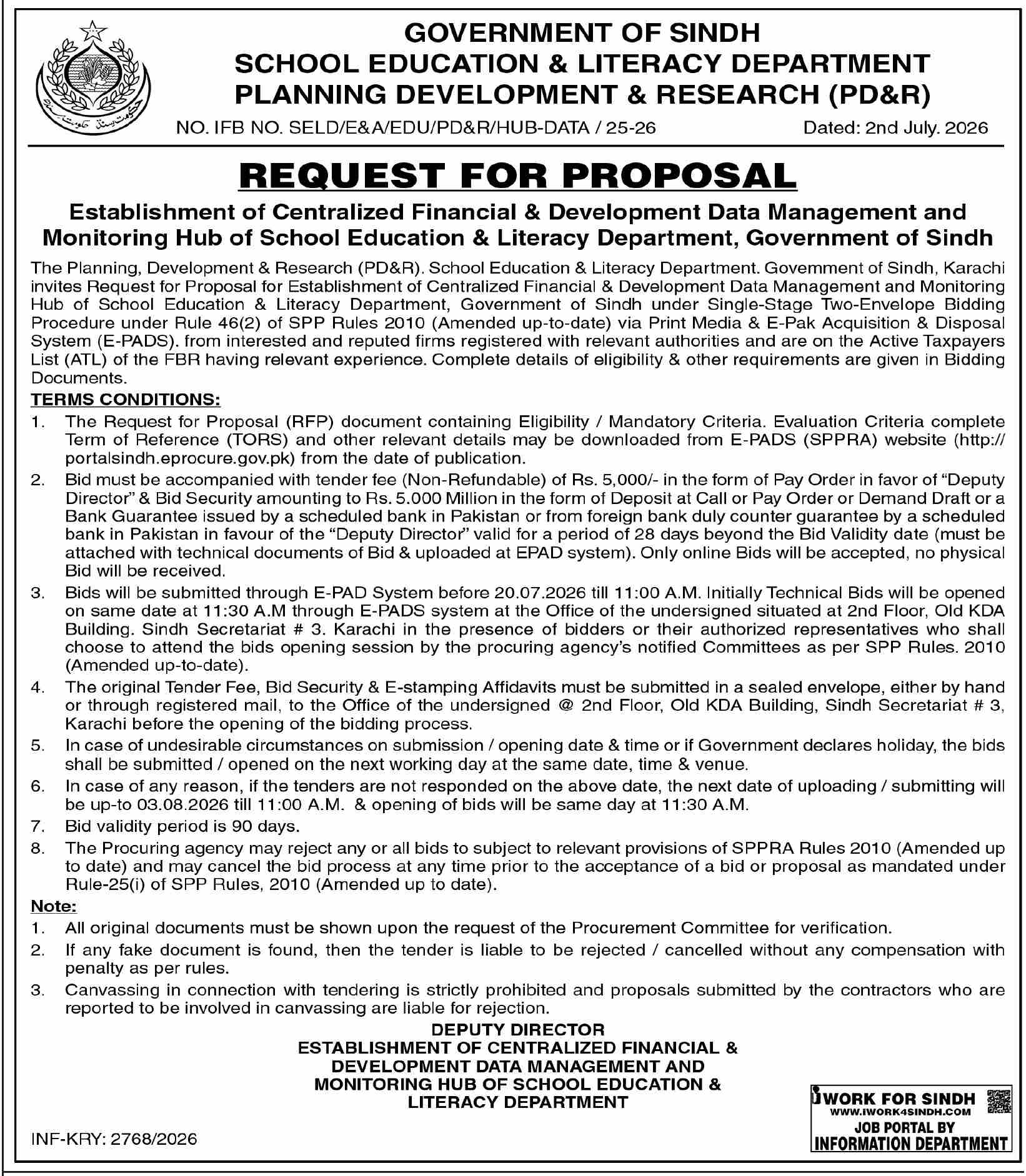 Govt of Sindh RFP for Establishment of Centralized Financial & Development Data Management Hub