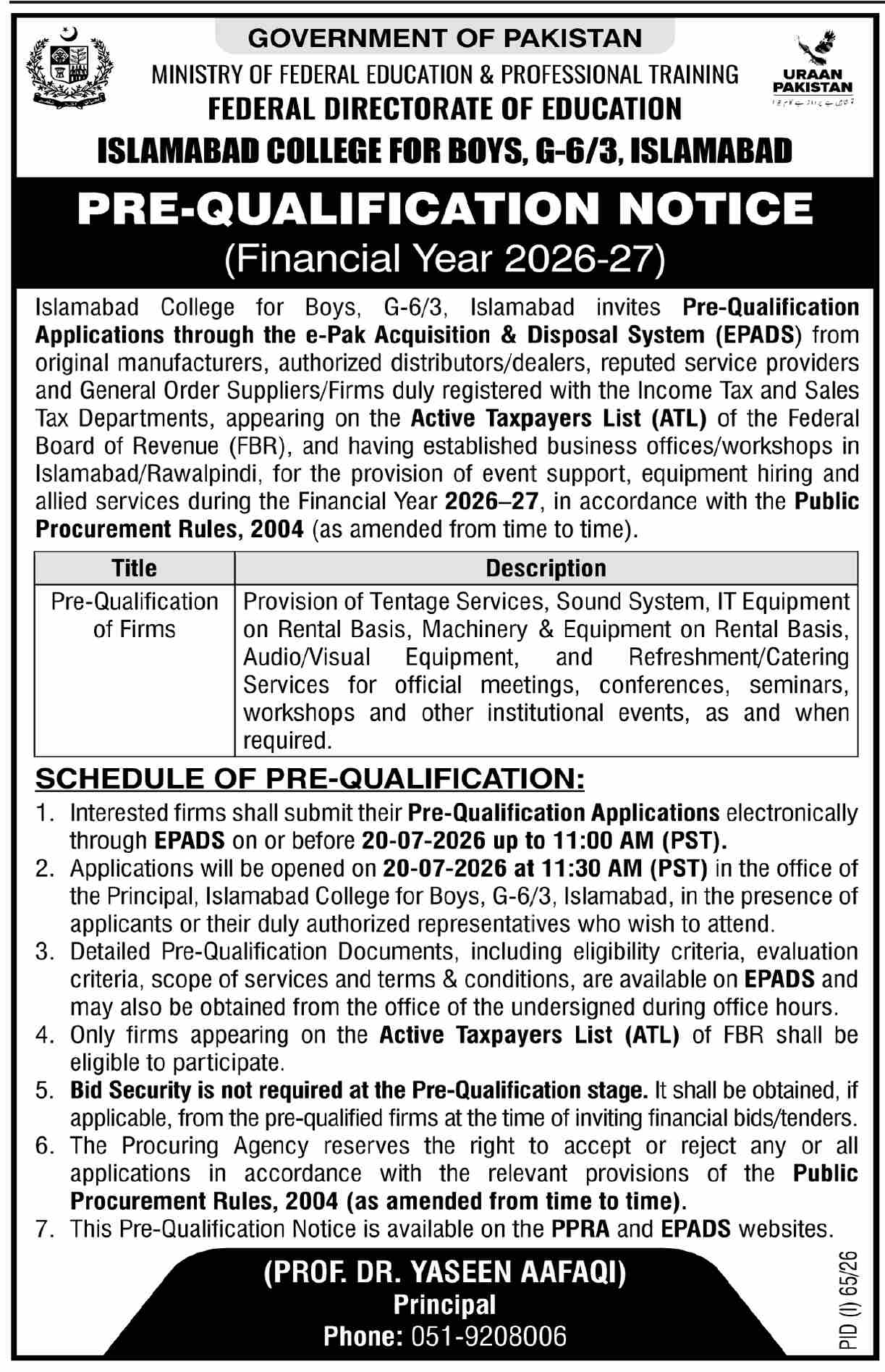 Islamabad College for Boys Pre-Qualification Notice for FY 2026-27