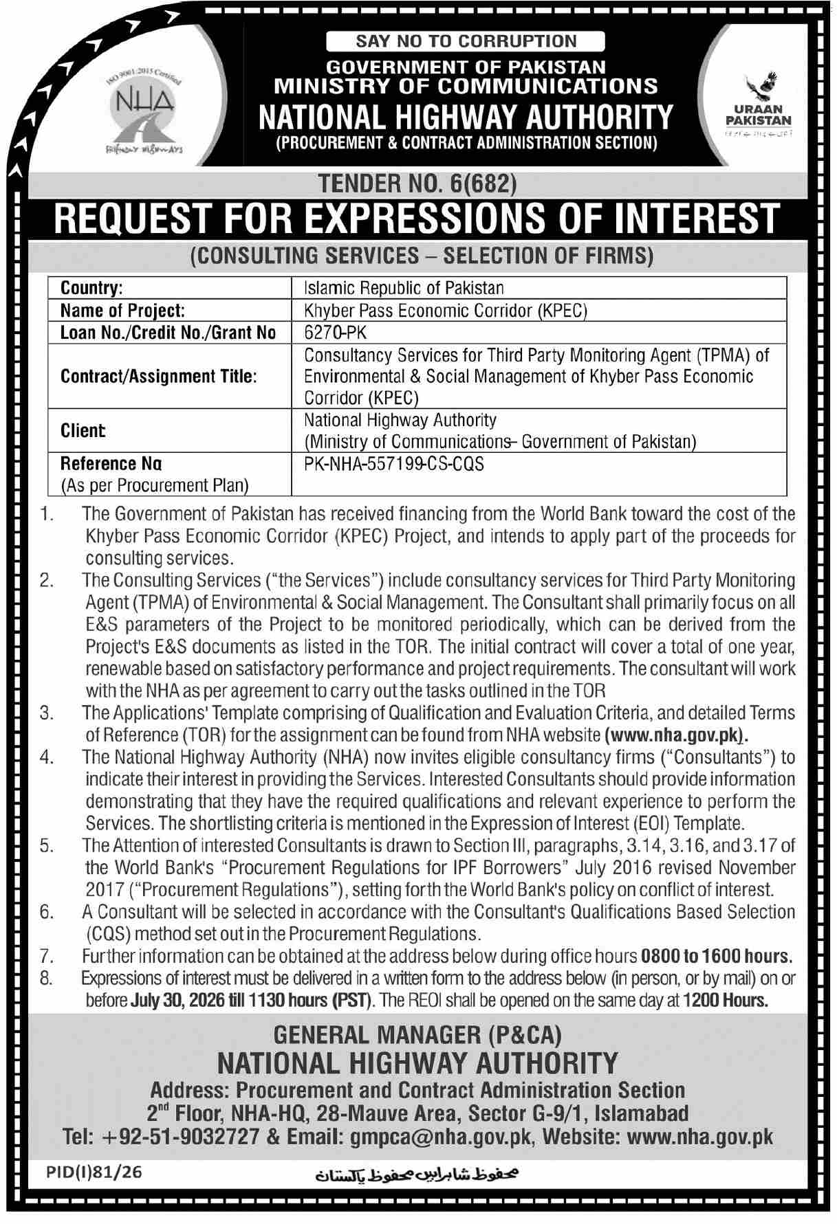 NHA Request for Expressions of Interest for Third Party Monitoring Agent KPEC