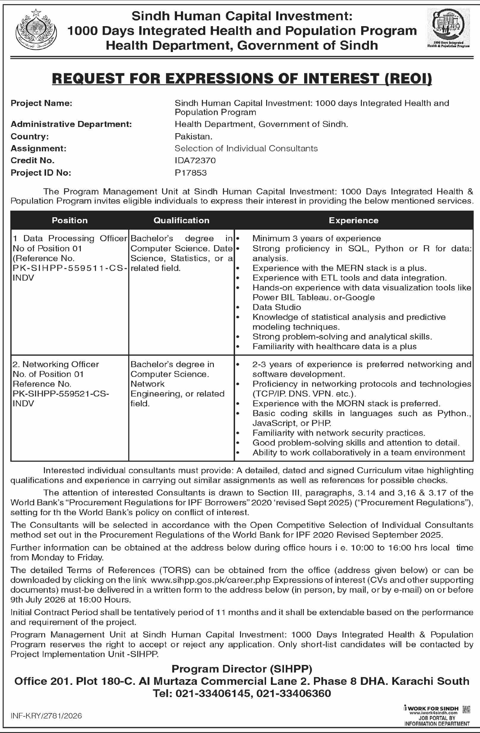 Sindh Human Capital Investment REOI for Data Processing Officer and Networking Officer