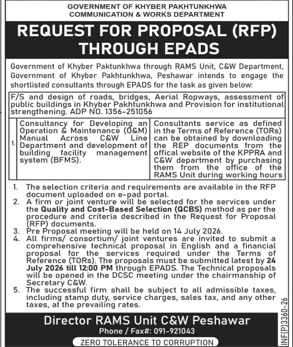 Govt of KPK RFP Through EPADS for F/S and Design of Roads Bridges Aerial Ropways