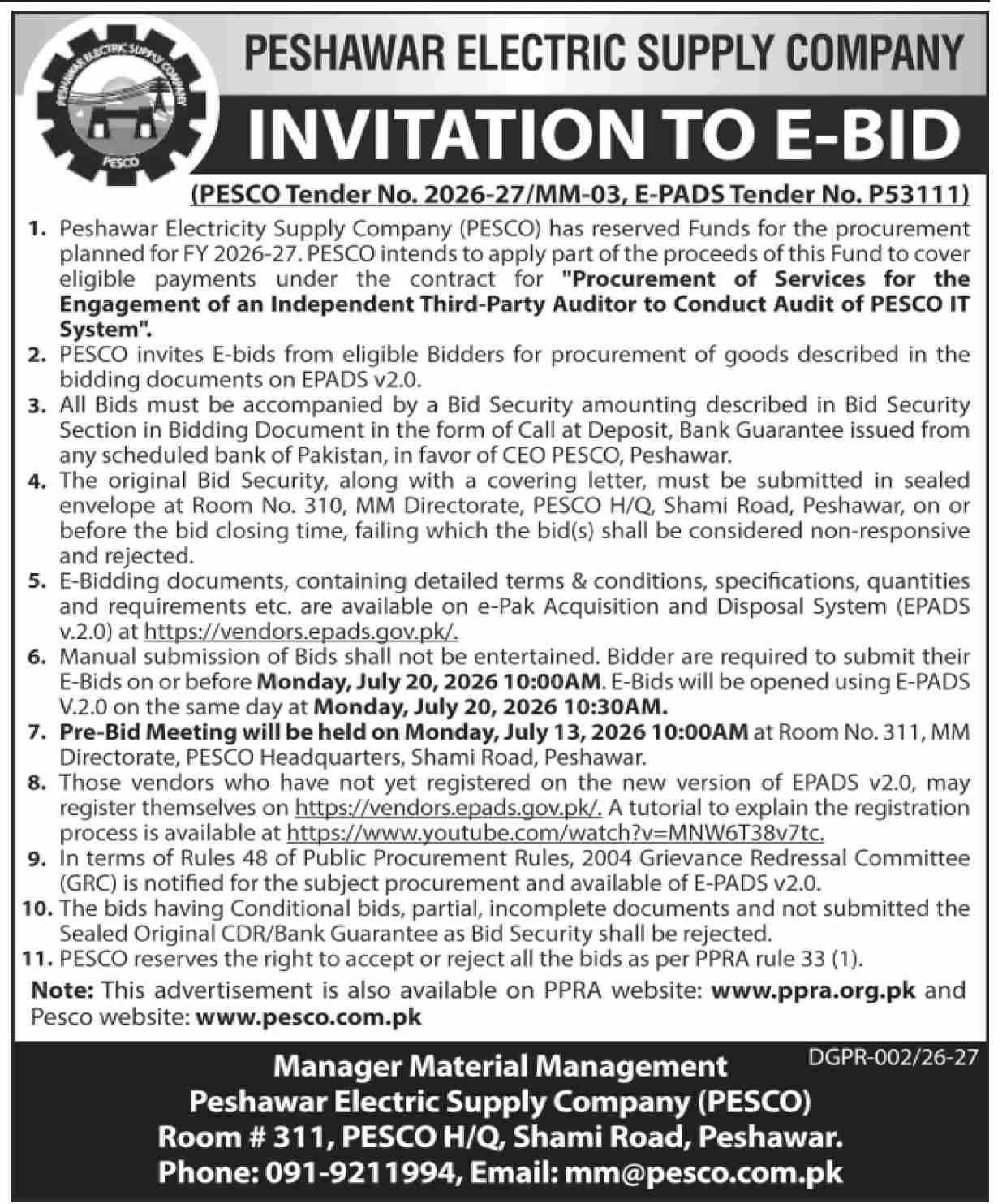 PESCO Invitation to E-Bid for Engagement of Independent Third-Party Auditor for IT System Audit