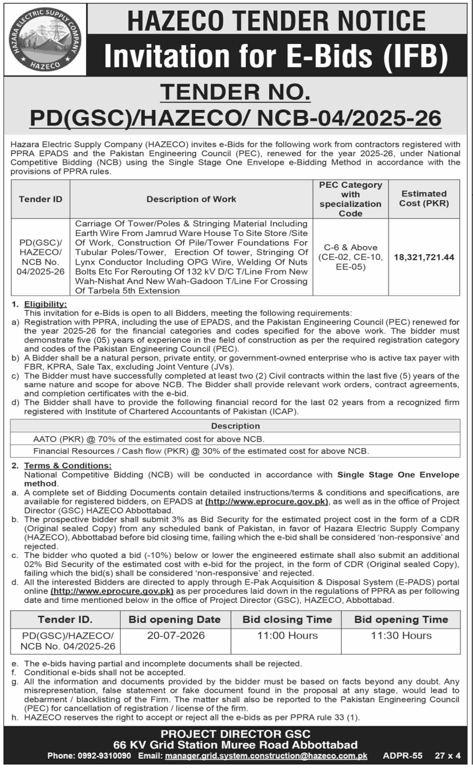 HAZECO Tender Notice Invitation for E-Bids for Rerouting of 132 kV D/C T/Line