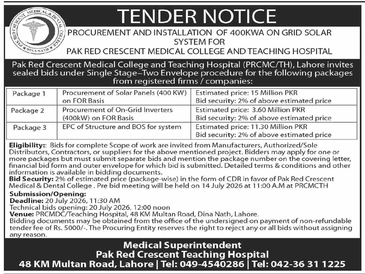 Pak Red Crescent Medical College and Teaching Hospital Tender for Procurement and Installation of 400KW On Grid Solar System