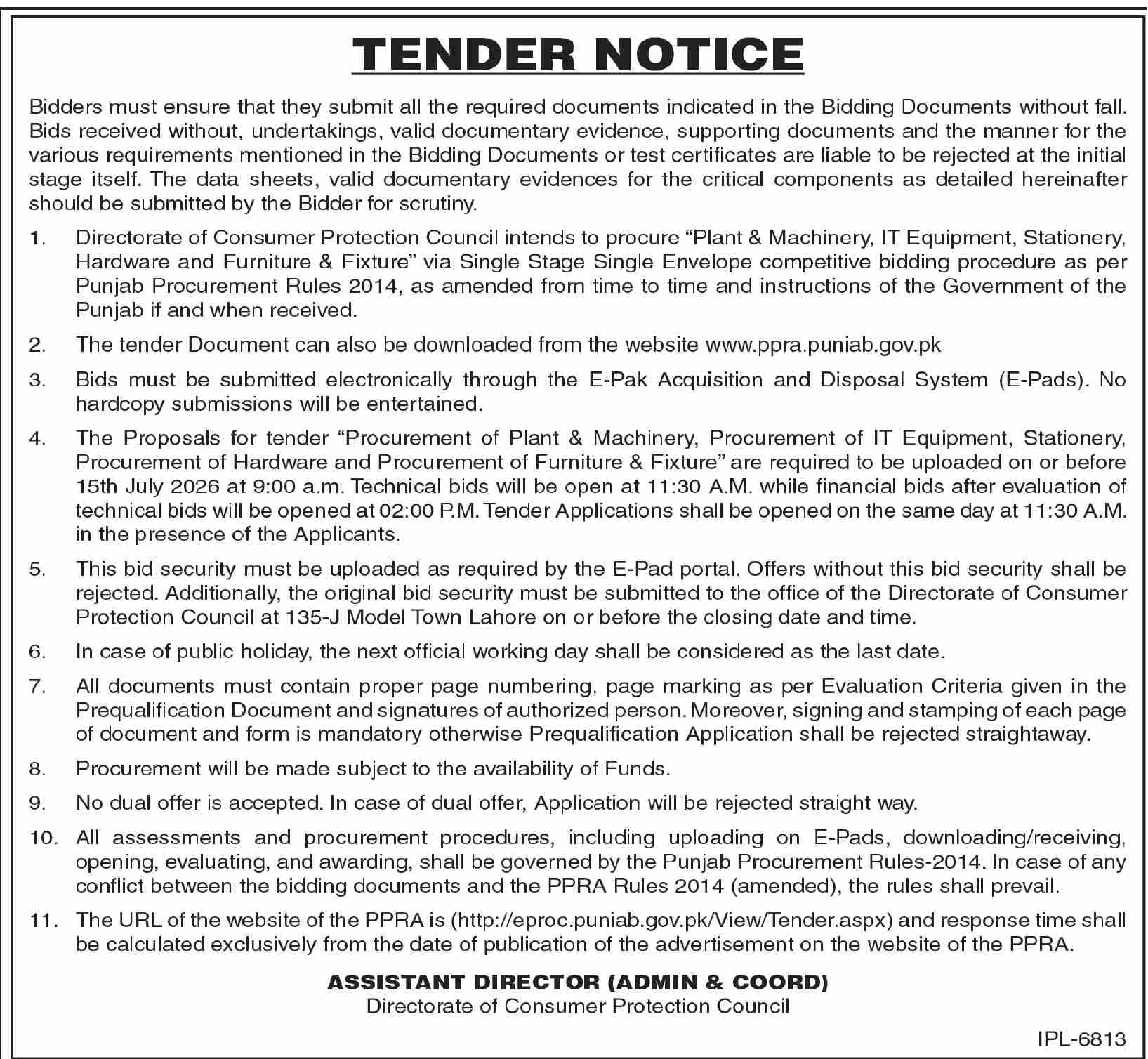 Directorate of Consumer Protection Council Tender for Procurement of Plant & Machinery IT Equipment Stationery Hardware and Furniture
