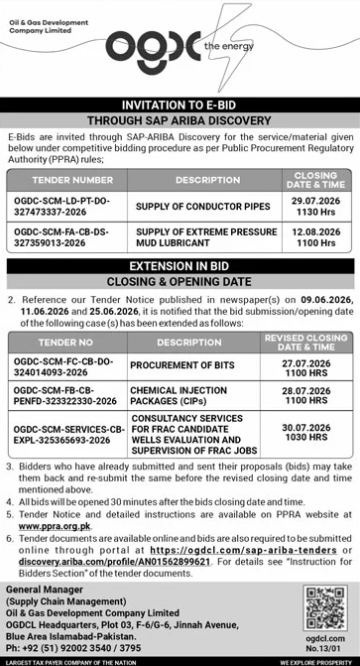OGDCL Invitation to E-Bid for 5 Items Conductor Pipes Mud Lubricant Bits Chemical Injection Packages Consultancy for Frac Candidate Wells