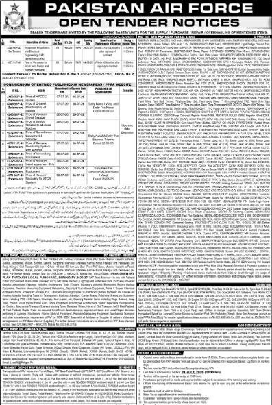 Pakistan Air Force Open Tender Notices for Supply Purchase Repair Overhauling at 12 Bases Units