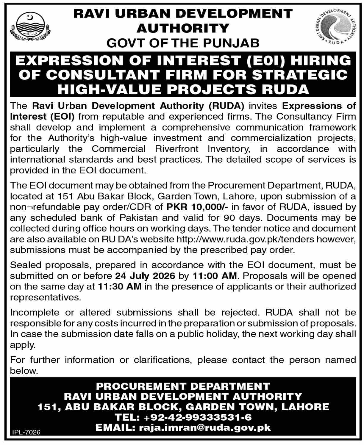 RUDA EOI for Hiring of Consultant Firm for Strategic High-Value Projects Commercial Riverfront Inventory