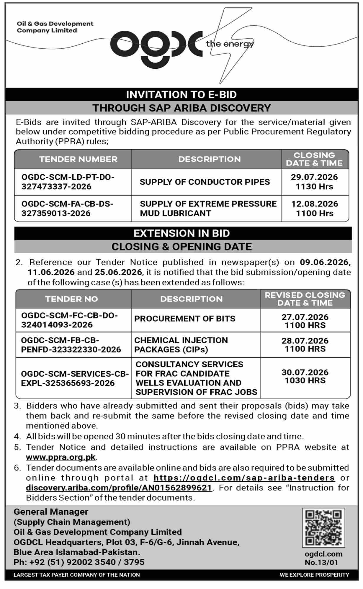 OGDCL Invitation to E-Bid for 5 Items Conductor Pipes Mud Lubricant Bits Chemical Injection Packages Consultancy for Frac Candidate Wells