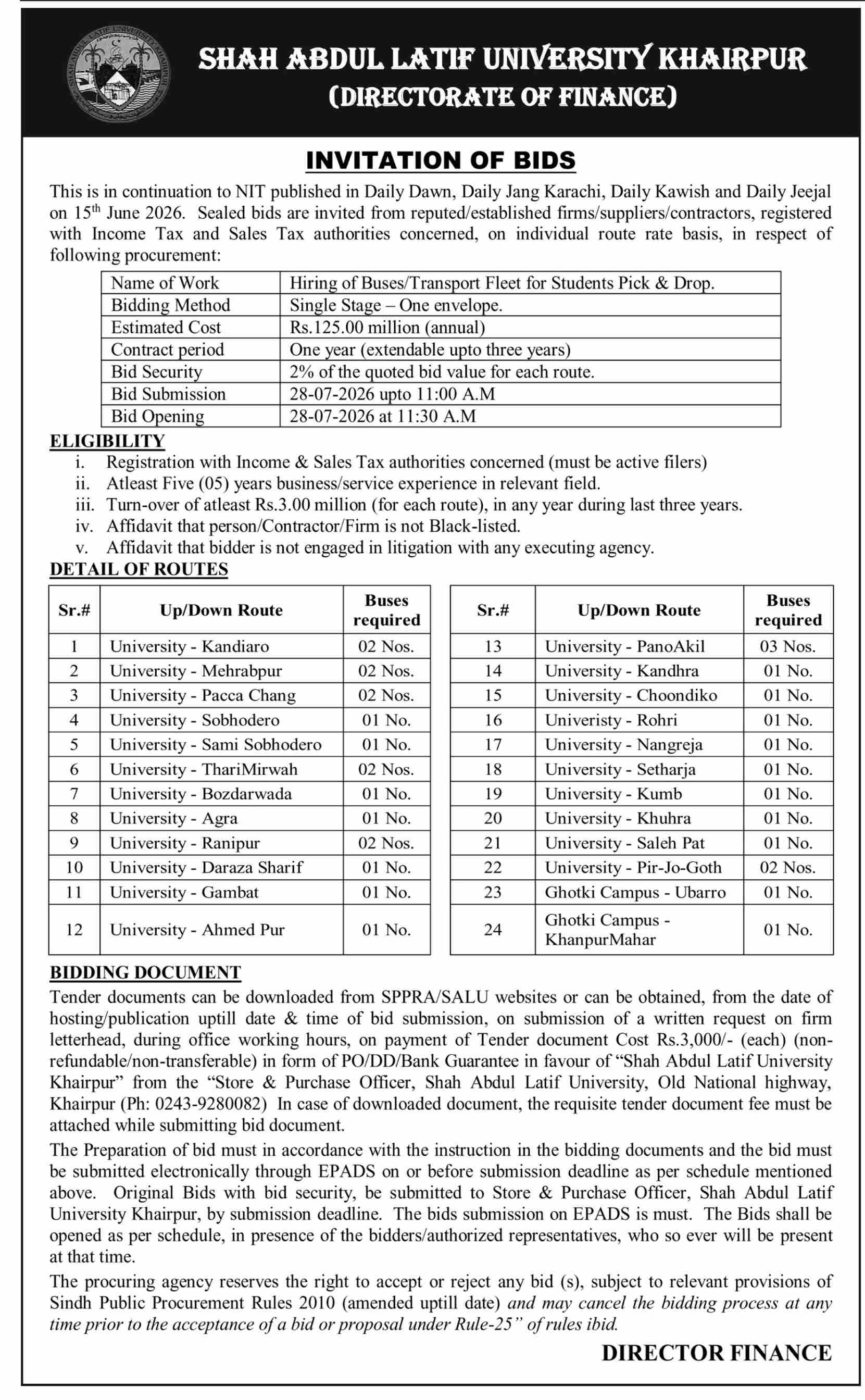 SALU Khairpur Invitation of Bids for Hiring of Buses Transport Fleet for Students Pick and Drop 24 Routes