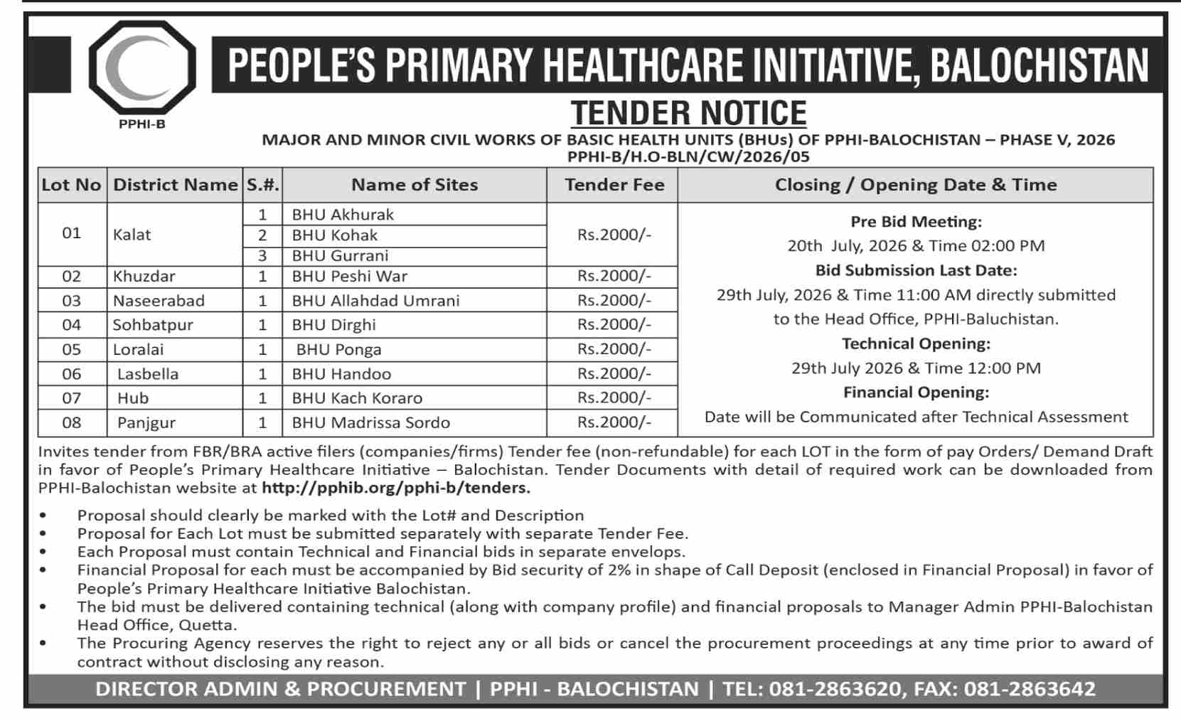 PPHI Balochistan Tender Notice for Major and Minor Civil Works of BHUs Phase V 2026 for 8 Districts