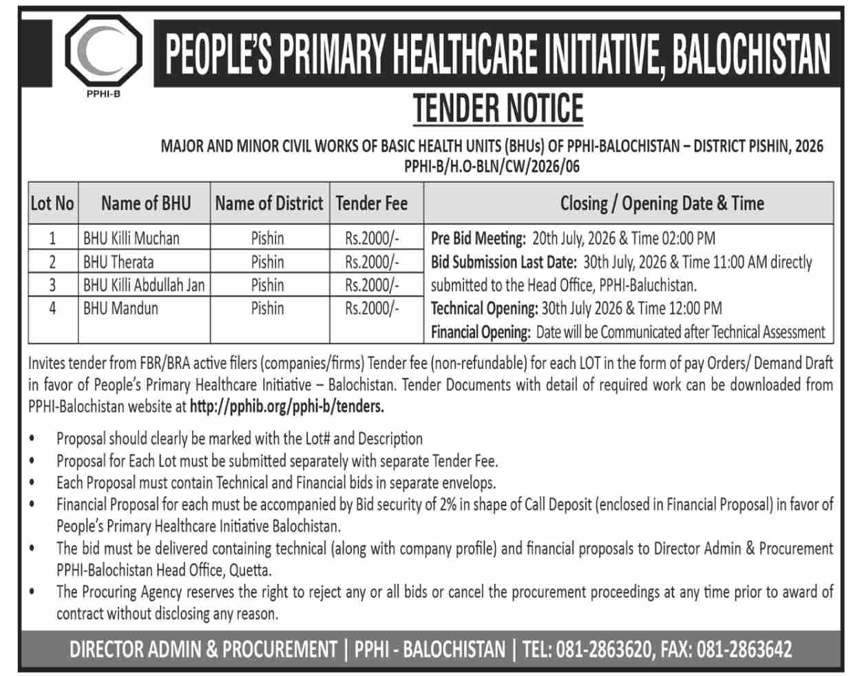 PPHI Balochistan Tender Notice for Major and Minor Civil Works of BHUs District Pishin 2026 for 4 BHUs