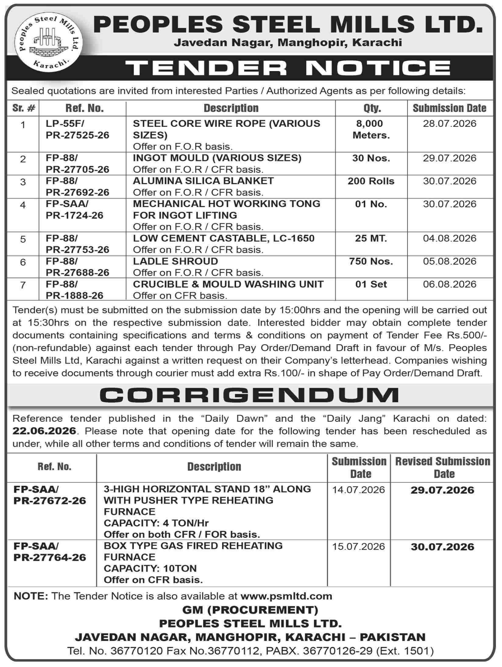 Peoples Steel Mills Ltd Tender Notice for 9 Items Steel Core Wire Rope Ingot Mould Alumina Silica Blanket Hot Working Tong Low Cement Castable Ladle Shroud Crucible Washing Unit and Corrigendum for 2 Reheating Furnaces
