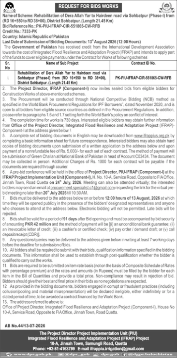 Irrigation Department Balochistan Request for Bids for Rehabilitation of Dera Allah Yar to Hairdeen Road via Sohbatpur Phase-I