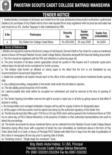 Pakistan Scouts Cadet College Batrasi Mansehra Tender for Dry Ration for College Cadet Mess