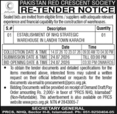 Pakistan Red Crescent Society Re-Tender Notice for Establishment of WHO Strategic Warehouse in Landhi Town Karachi