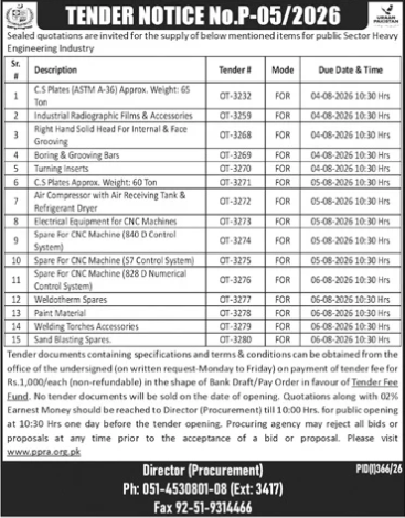 Heavy Engineering Industry Tender Notice No P-05-2026 for 15 Items C5 Plates Radiographic Films Grooving Bars Turning Inserts Slings Air Compressor CNC Machine Spares Weldotherm Paint Welding Torches Sand Blasting