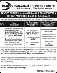 PARCO Tender Enquiry No 600011740-26 Construction of Car Parking Shed at T-5-1 Keamari