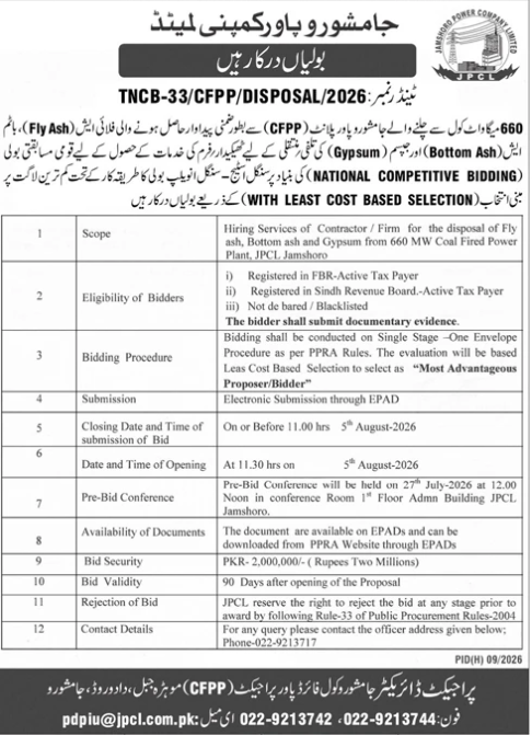 JPCL Jamshoro Tender for Hiring Services for Disposal of Fly Ash Bottom Ash and Gypsum from 660 MW Coal Fired Power Plant